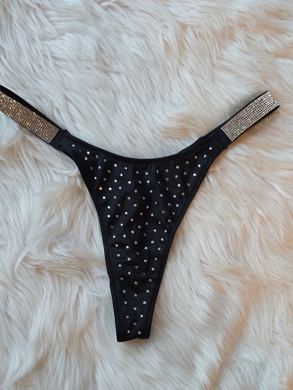 Victoria's Secret Nero Black Thong Shine Strap Swim Bikini Bottom SIZE XS